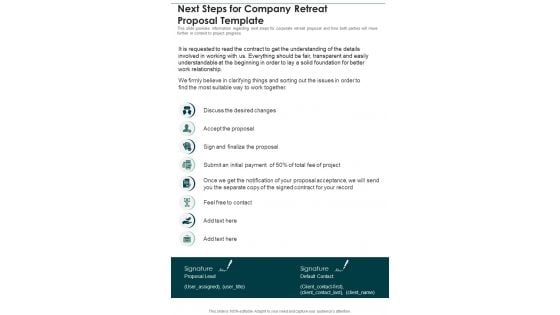 Next Steps For Company Retreat Proposal Template One Pager Sample Example Document