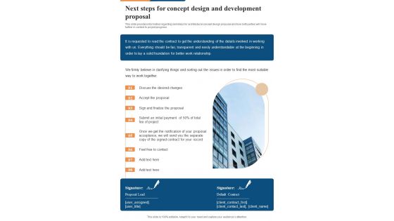 Next Steps For Concept Design And Development Proposal One Pager Sample Example Document