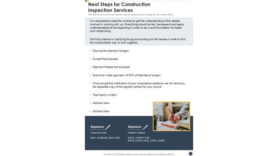 Next Steps For Construction Inspection Services One Pager Sample Example Document