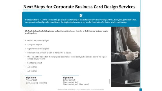 Next Steps For Corporate Business Card Design Services Formats PDF