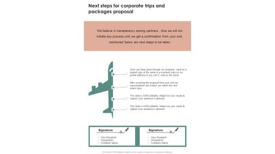 Next Steps For Corporate Trips And Packages Proposal One Pager Sample Example Document