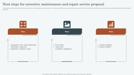 Next Steps For Corrective Maintenance And Repair Service Proposal Summary PDF