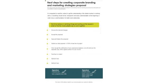 Next Steps For Creating Corporate Branding And Marketing Strategies One Pager Sample Example Document Next Steps For Creating Corporate Branding And Marketing Strategies One Pager Sample Example Document