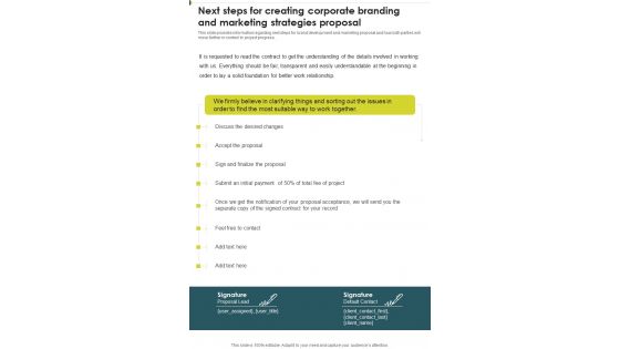 Next Steps For Creating Corporate Branding And Marketing Strategies One Pager Sample Example Document