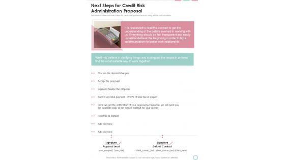 Next Steps For Credit Risk Administration Proposal One Pager Sample Example Document