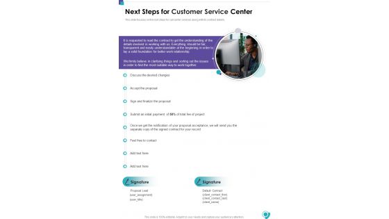 Next Steps For Customer Service Center One Pager Sample Example Document