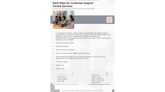 Next Steps For Customer Support Centre Services One Pager Sample Example Document