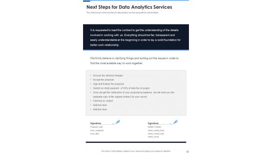 Next Steps For Data Analytics Services One Pager Sample Example Document