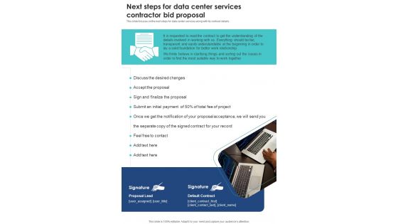 Next Steps For Data Center Services Contractor Bid Proposal One Pager Sample Example Document