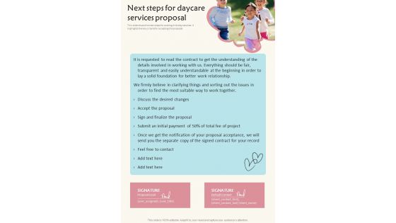 Next Steps For Daycare Services Proposal One Pager Sample Example Document