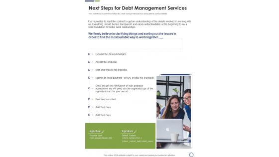 Next Steps For Debt Management Services One Pager Sample Example Document