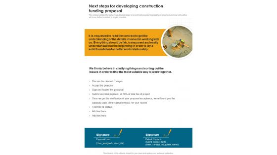 Next Steps For Developing Construction Funding Proposal One Pager Sample Example Document