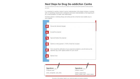 Next Steps For Drug De Addiction Centre One Pager Sample Example Document