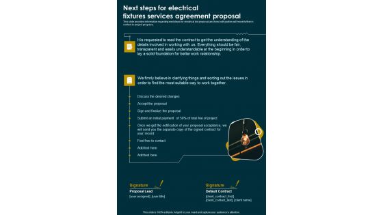 Next Steps For Electrical Fixtures Services Agreement Proposal One Pager Sample Example Document