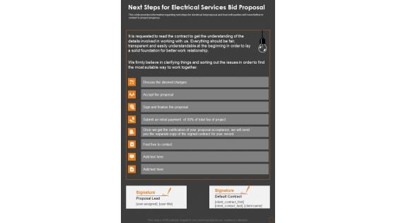 Next Steps For Electrical Services Bid Proposal One Pager Sample Example Document