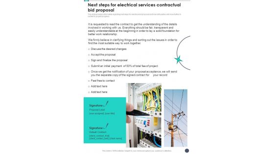 Next Steps For Electrical Services Contractual Bid Proposal One Pager Sample Example Document