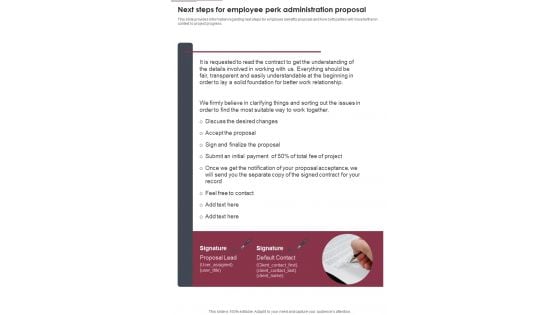 Next Steps For Employee Perk Administration Proposal One Pager Sample Example Document Next Steps For Employee Perk Administration Proposal One Pager Sample Example Document