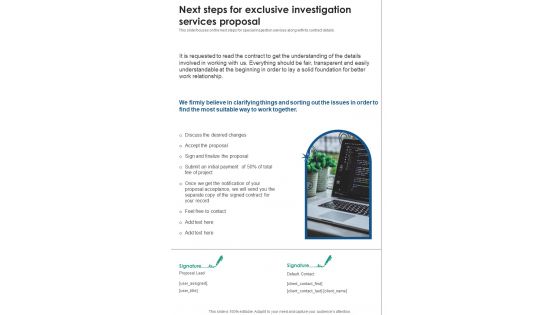 Next Steps For Exclusive Investigation Services Proposal One Pager Sample Example Document Next Steps For Exclusive Investigation Services Proposal One Pager Sample Example Document