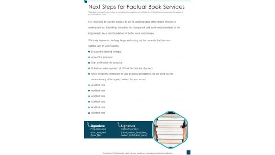 Next Steps For Factual Book Services One Pager Sample Example Document