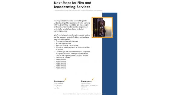 Next Steps For Film And Broadcasting Services One Pager Sample Example Document