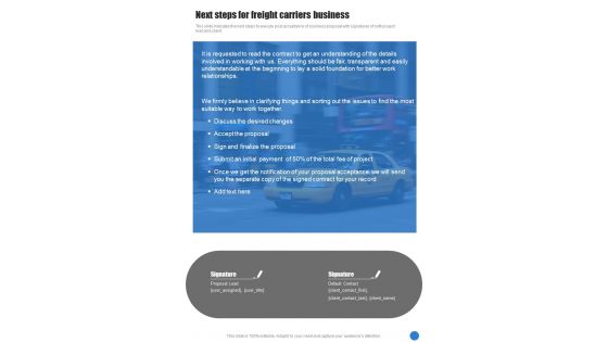 Next Steps For Freight Carriers Business One Pager Sample Example Document Next Steps For Freight Carriers Business One Pager Sample Example Document