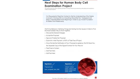 Next Steps For Human Body Cell Examination Project One Pager Sample Example Document