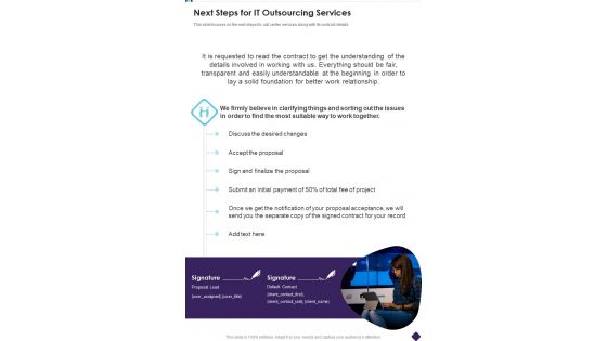 Next Steps For IT Outsourcing Services One Pager Sample Example Document