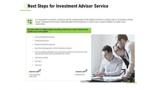 Next Steps For Investment Advisor Service Ppt Infographic Template Graphics Download PDF
