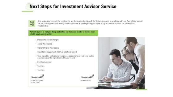 Next Steps For Investment Advisor Service Ppt Infographic Template Graphics Download PDF Next Steps For Investment Advisor Service Ppt Infographic Template Graphics Download PDF