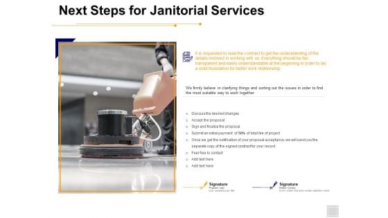 Next Steps For Janitorial Services Ppt PowerPoint Presentation Icon Shapes