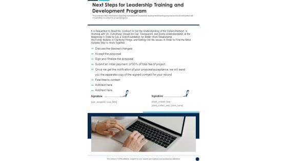 Next Steps For Leadership Training And Development Program One Pager Sample Example Document