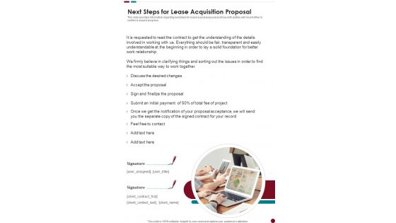 Next Steps For Lease Acquisition Proposal One Pager Sample Example Document