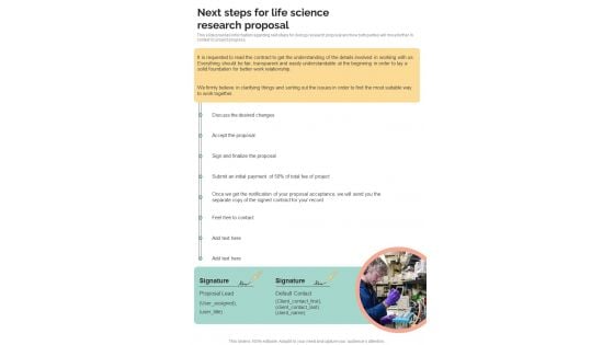 Next Steps For Life Science Research Proposal One Pager Sample Example Document