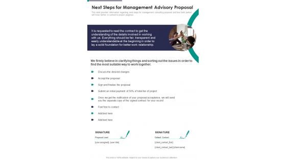 Next Steps For Management Advisory Proposal One Pager Sample Example Document