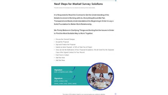 Next Steps For Market Survey Solutions One Pager Sample Example Document