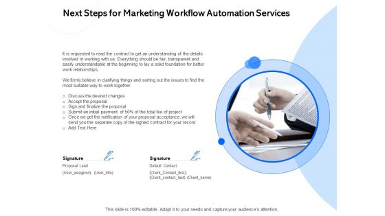 Next Steps For Marketing Workflow Automation Services Ppt PowerPoint Presentation Inspiration Shapes PDF