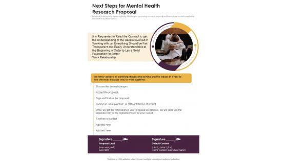 Next Steps For Mental Health Research Proposal One Pager Sample Example Document