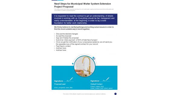 Next Steps For Municipal Water System Extension Project Proposal One Pager Sample Example Document