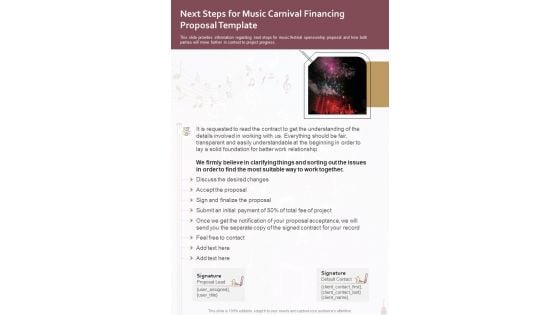 Next Steps For Music Carnival Financing Proposal Template One Pager Sample Example Document
