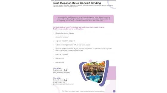 Next Steps For Music Concert Funding One Pager Sample Example Document