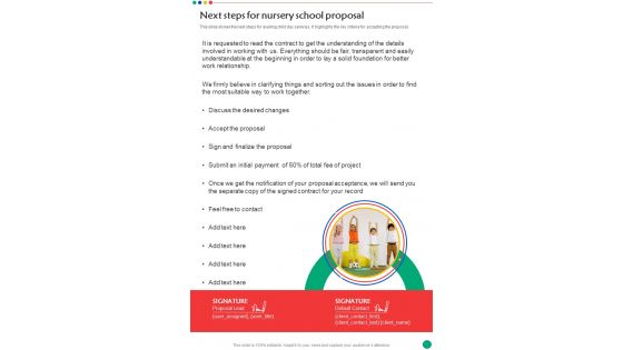 Next Steps For Nursery School Proposal One Pager Sample Example Document