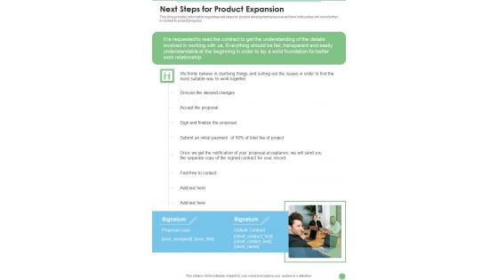 Next Steps For Product Expansion One Pager Sample Example Document