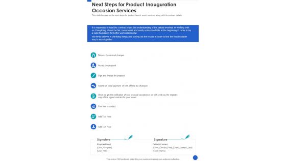 Next Steps For Product Inauguration Occasion Services One Pager Sample Example Document