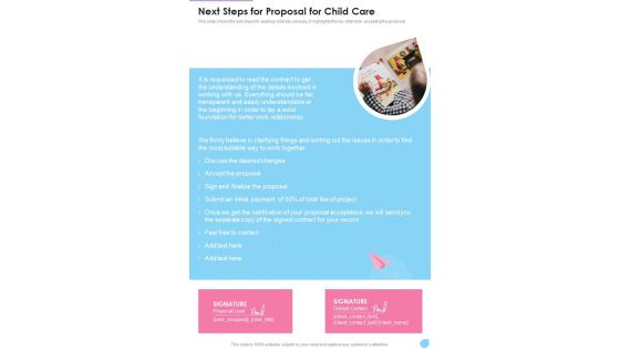 Next Steps For Proposal For Child Care One Pager Sample Example Document