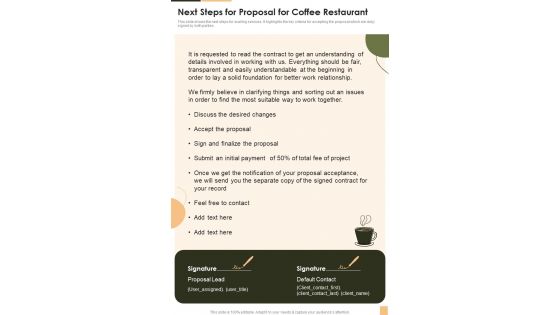 Next Steps For Proposal For Coffee Restaurant One Pager Sample Example Document