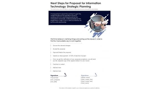 Next Steps For Proposal For Information Technology Strategic Planning One Pager Sample Example Document