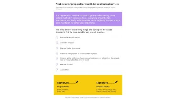 Next Steps For Proposal For Wealth Tax Contractual Services One Pager Sample Example Document