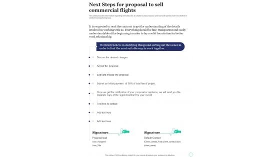 Next Steps For Proposal To Sell Commercial Flights One Pager Sample Example Document