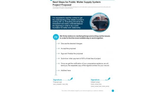 Next Steps For Public Water Supply System Project Proposal One Pager Sample Example Document