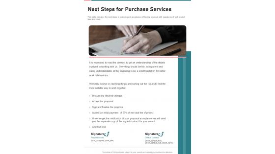 Next Steps For Purchase Services One Pager Sample Example Document